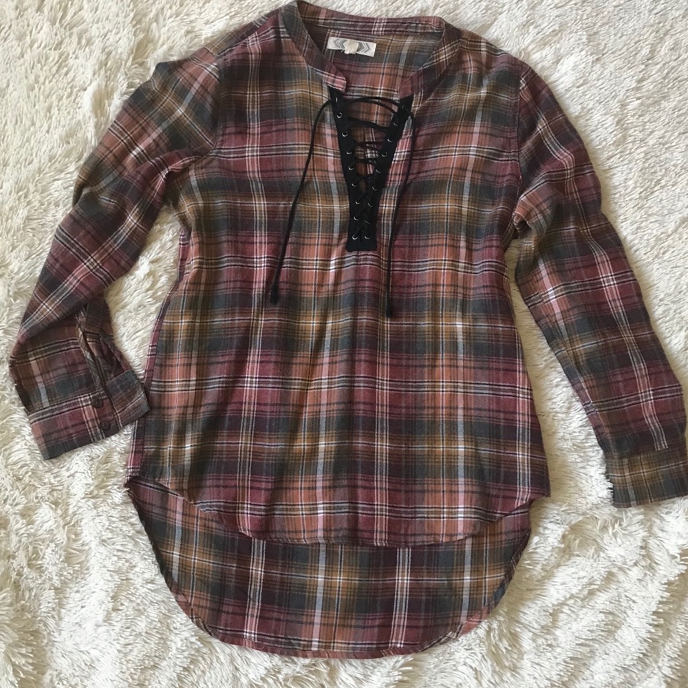 Lace up flannel high low tunic
